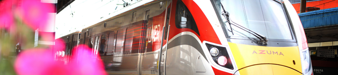 An Azuma LNER train arrives at the station in the UK
