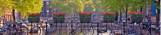 Bikes parked on a bridge in Amsterdam, a popular Thalys destination